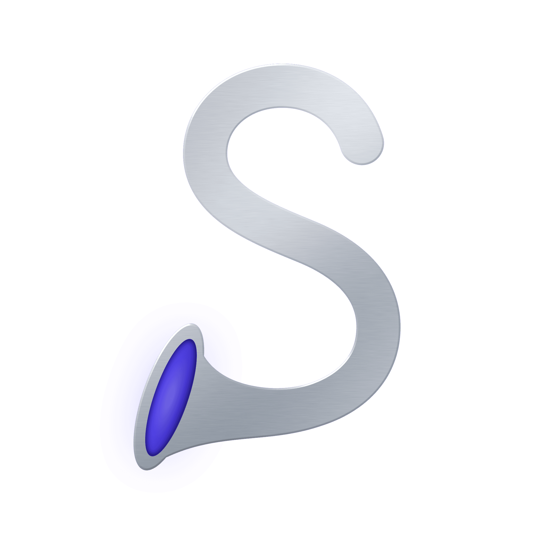 The Shawm mark: a silver S whose tail opens into the bell of a shawm, its mouth glowing ultramarine