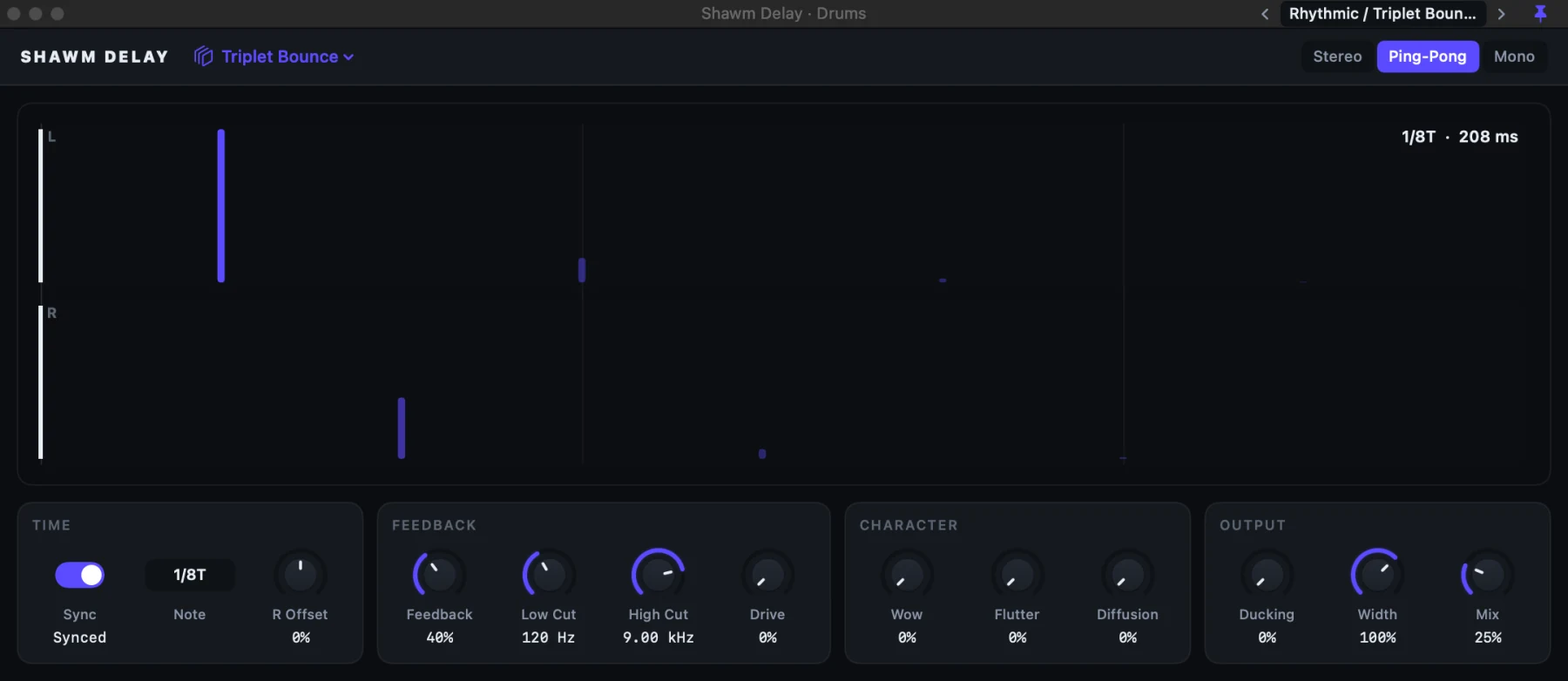 Shawm Delay's echoes drawn in time, with its controls