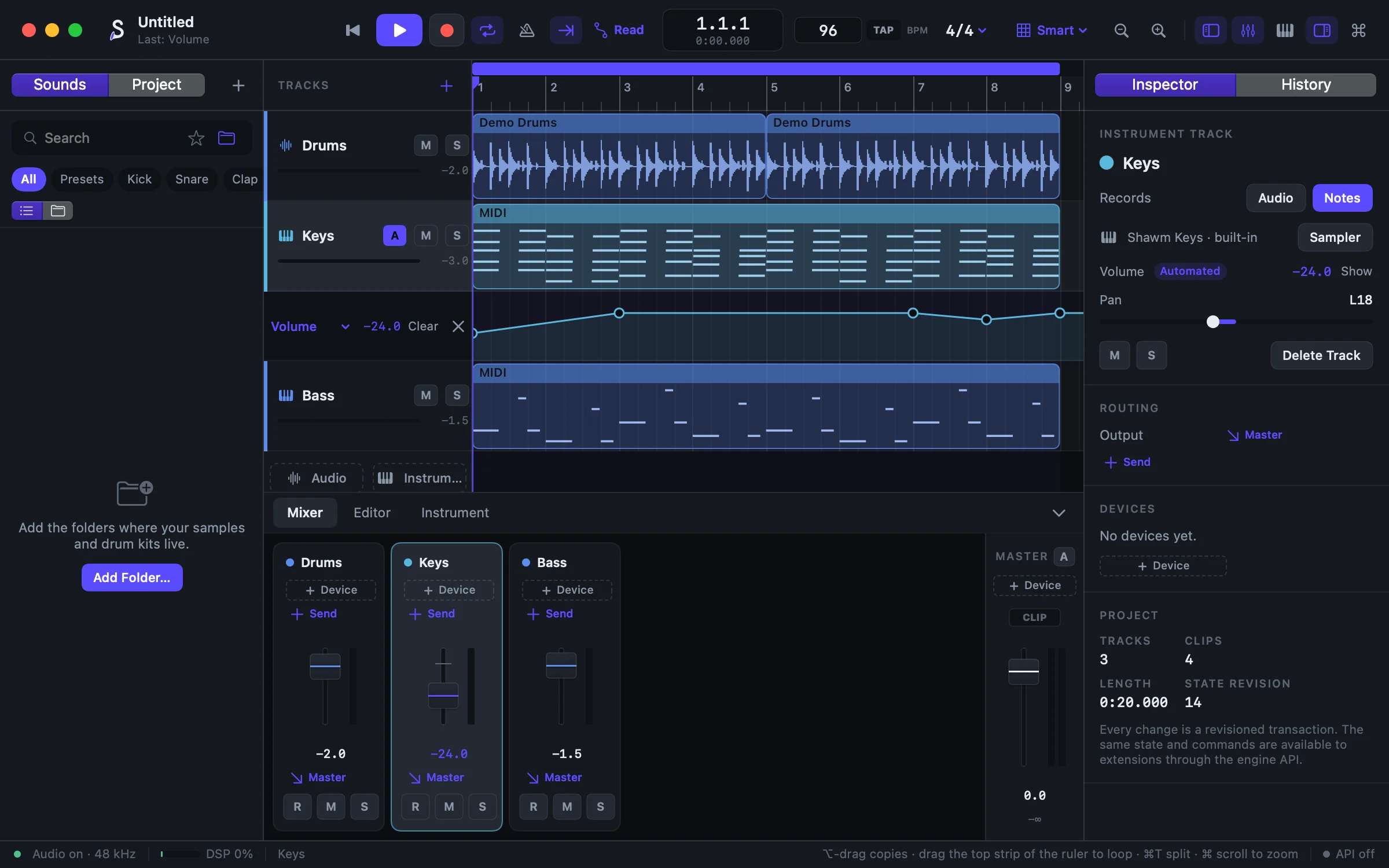 The Shawm studio: drums, keys and bass in the arrangement, with the mixer below